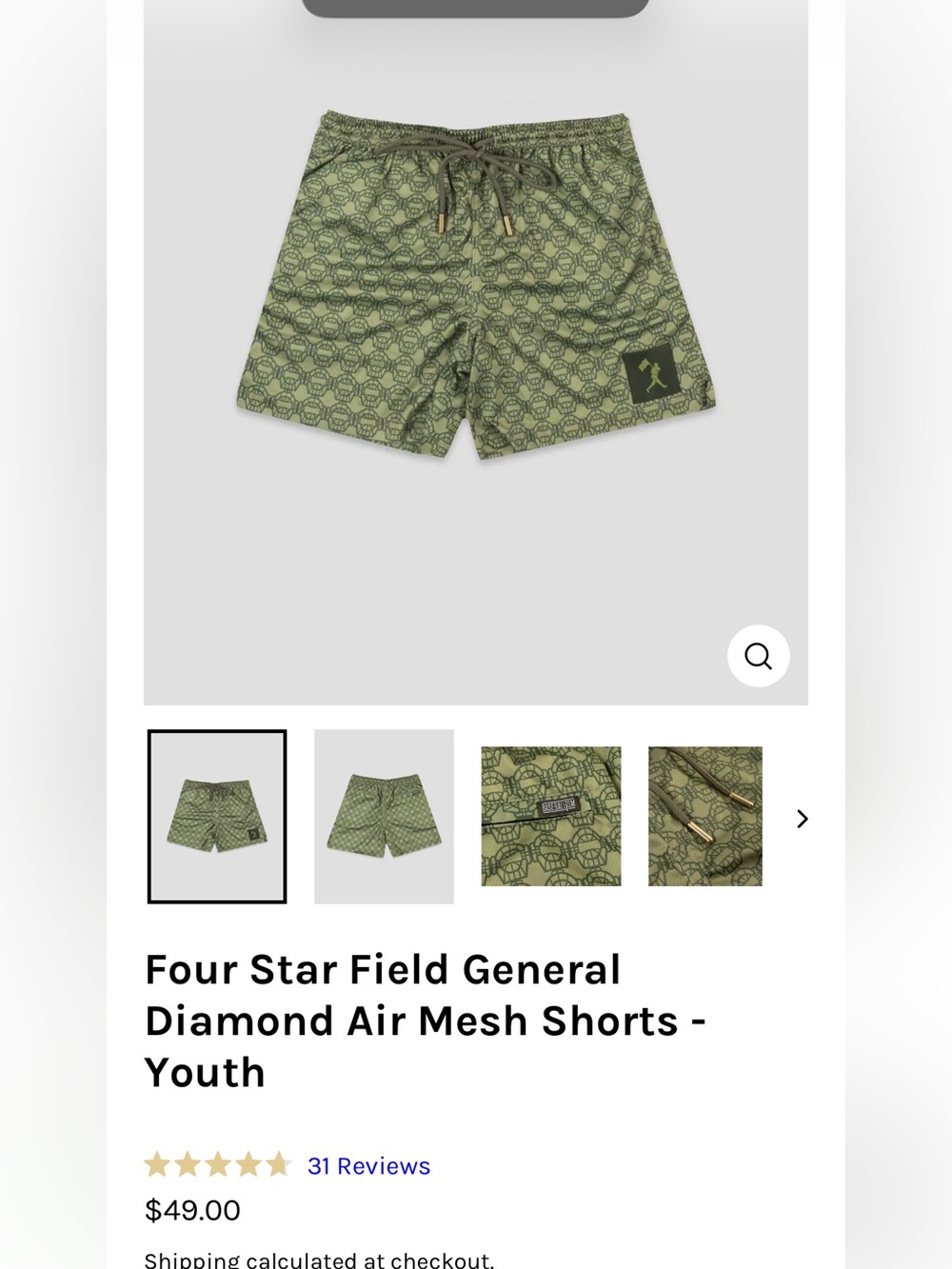 Baseballism Four Star Field General Diamond Air Mesh Shorts - Youth M